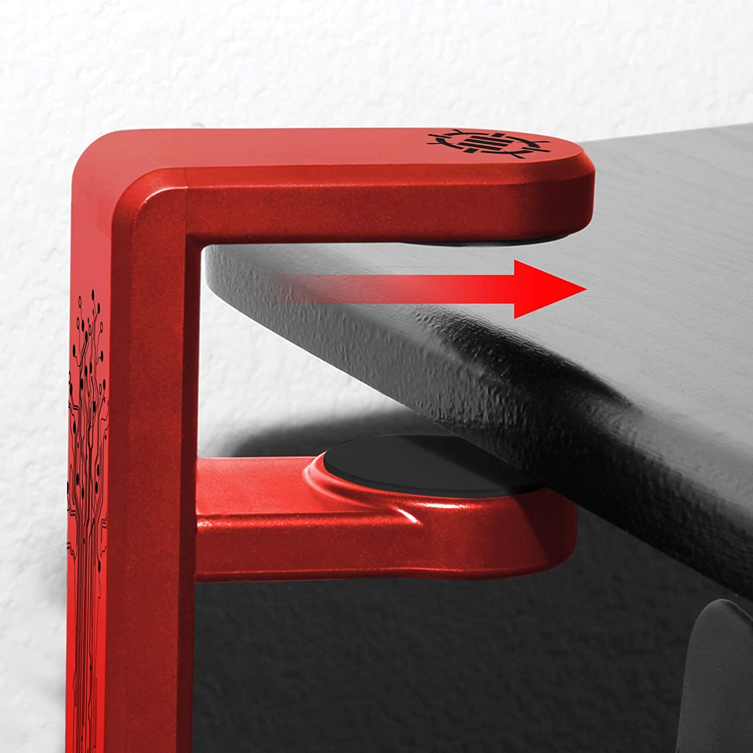 PC Gaming Headset Holder - Desk Headphone Hanger with Adjustable 360 Rotation, under Desk Headphone Hook Clamp, Universal Fit - Built in Cable Clip Organizer - Red