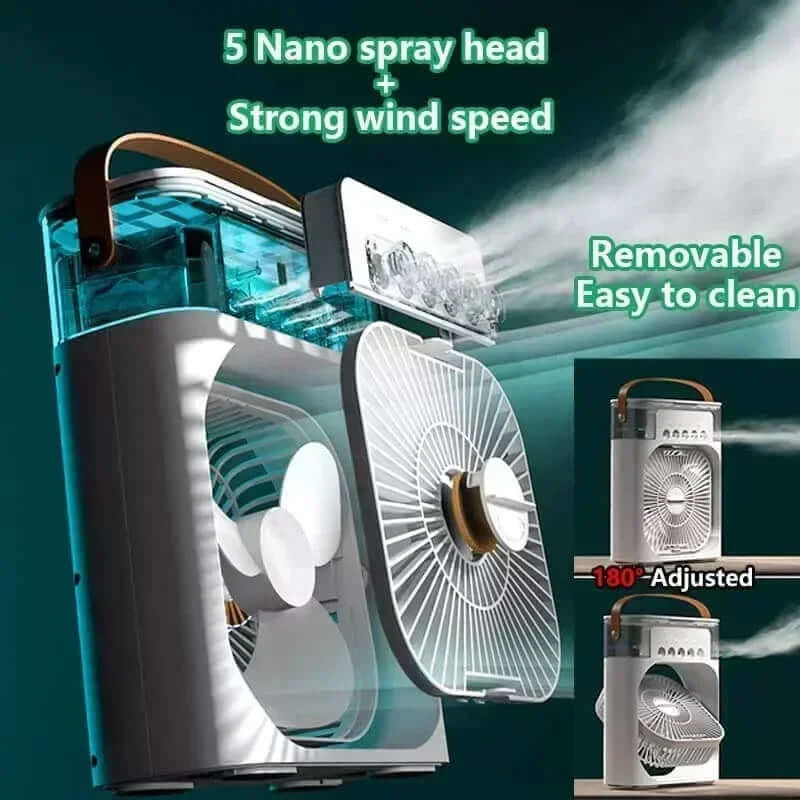 3 in 1 Air Cooler Fan featuring 5 nano spray head and strong wind speed for effective cooling.