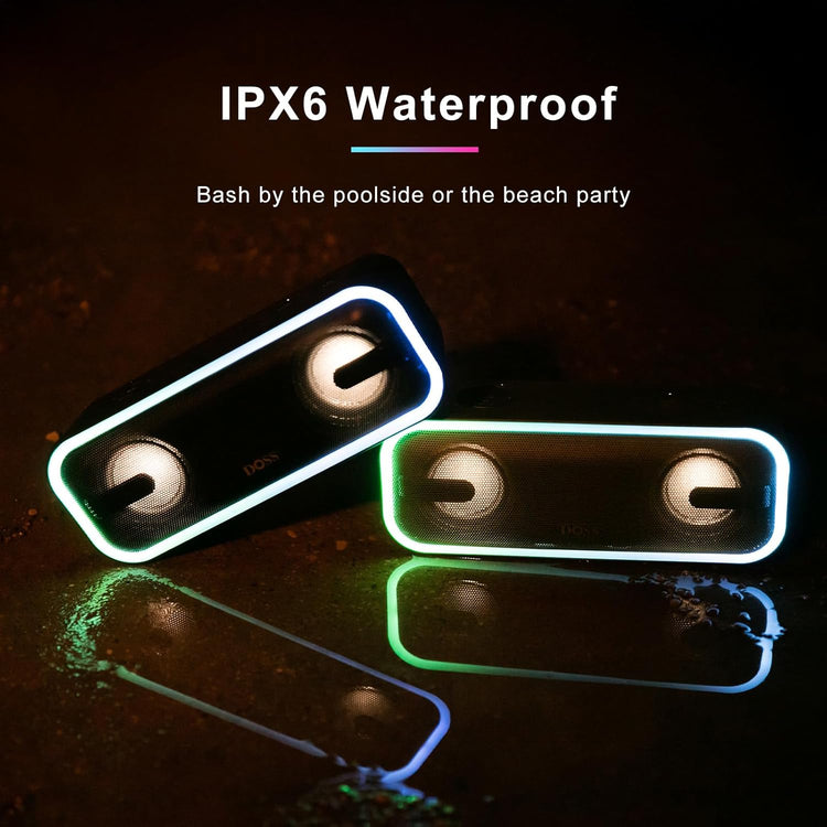 Soundbox Pro+ Bluetooth Speaker, Immersive 24W Stereo Sound with Booming Bass, IPX6 Waterproof, 15H Playtime, Mixed Colors Lights, Christmas and White Elephant Gift for Adults, Men, Women-Black