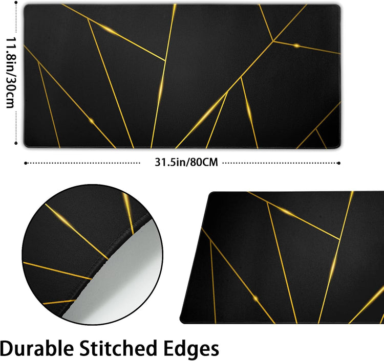Gaming Mouse Pad 31.5×11.8 Inch XL with Stitched Edges Extended Waterproof Gold Line Black Geometric Desk Pads Non-Slip Rubber Base Large Keyboard Mat Computer Gaming Mousepad for Work/Office/Home