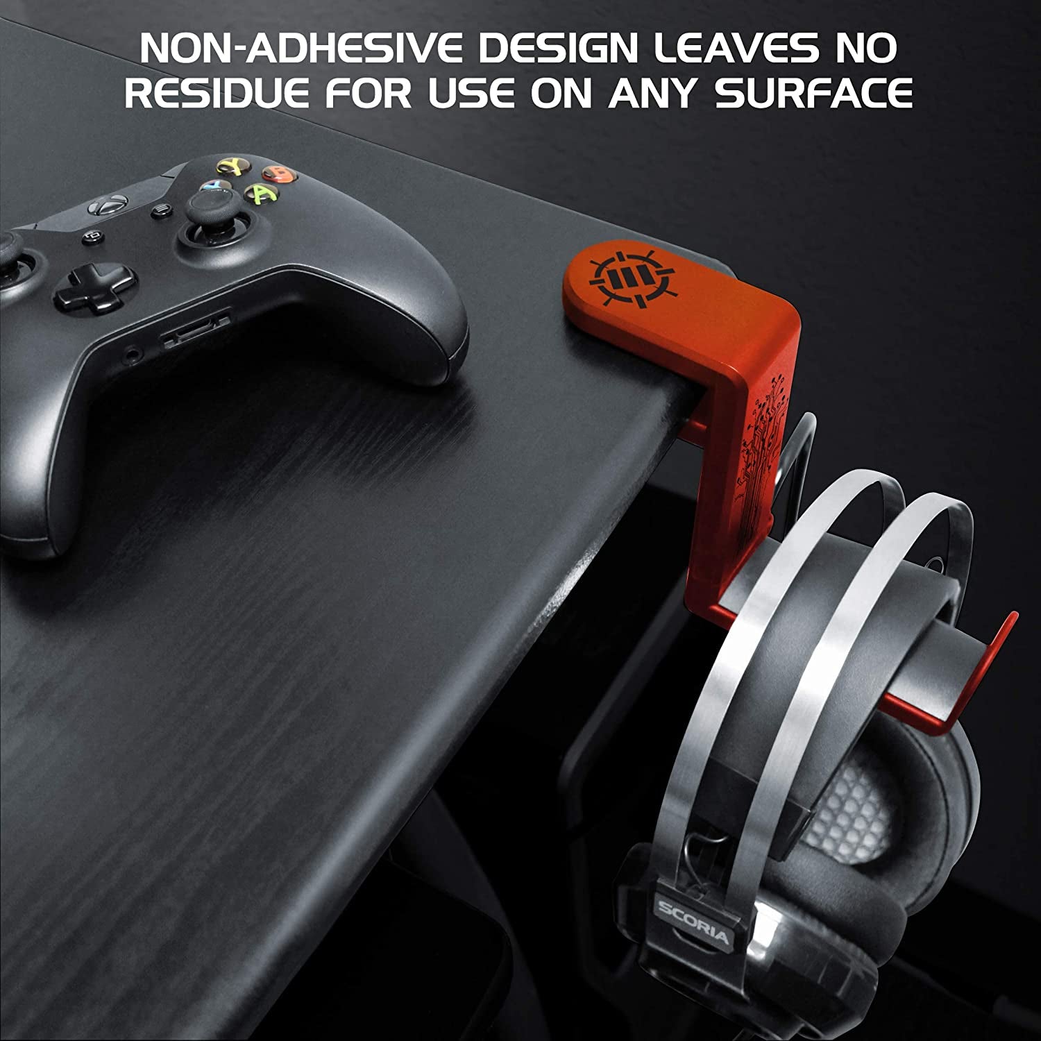 PC Gaming Headset Holder - Desk Headphone Hanger with Adjustable 360 Rotation, under Desk Headphone Hook Clamp, Universal Fit - Built in Cable Clip Organizer - Red