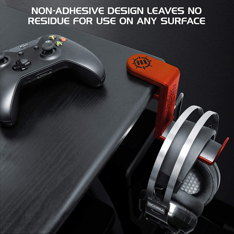 PC Gaming Headset Holder - Desk Headphone Hanger with Adjustable 360 Rotation, under Desk Headphone Hook Clamp, Universal Fit - Built in Cable Clip Organizer - Red