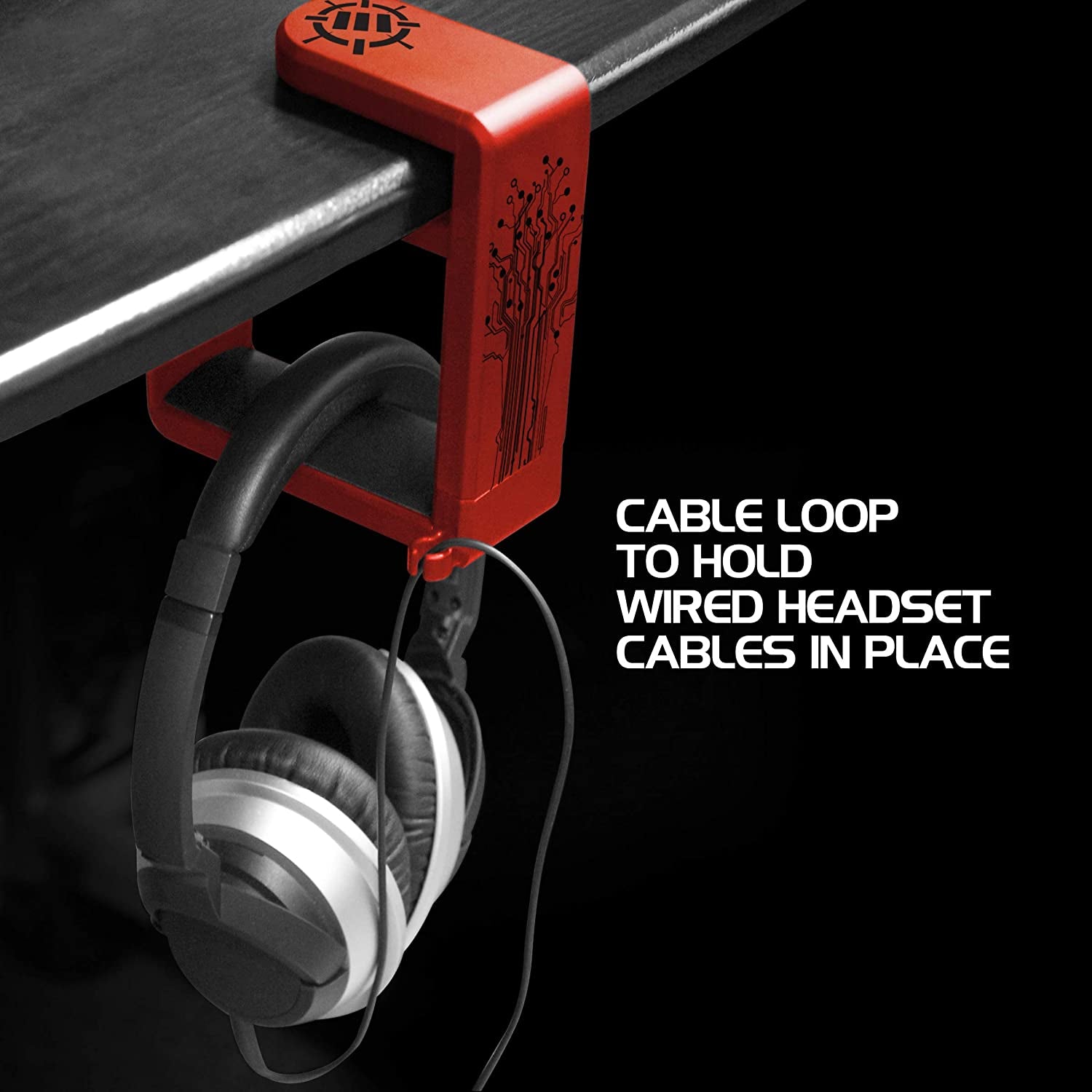 PC Gaming Headset Holder - Desk Headphone Hanger with Adjustable 360 Rotation, under Desk Headphone Hook Clamp, Universal Fit - Built in Cable Clip Organizer - Red