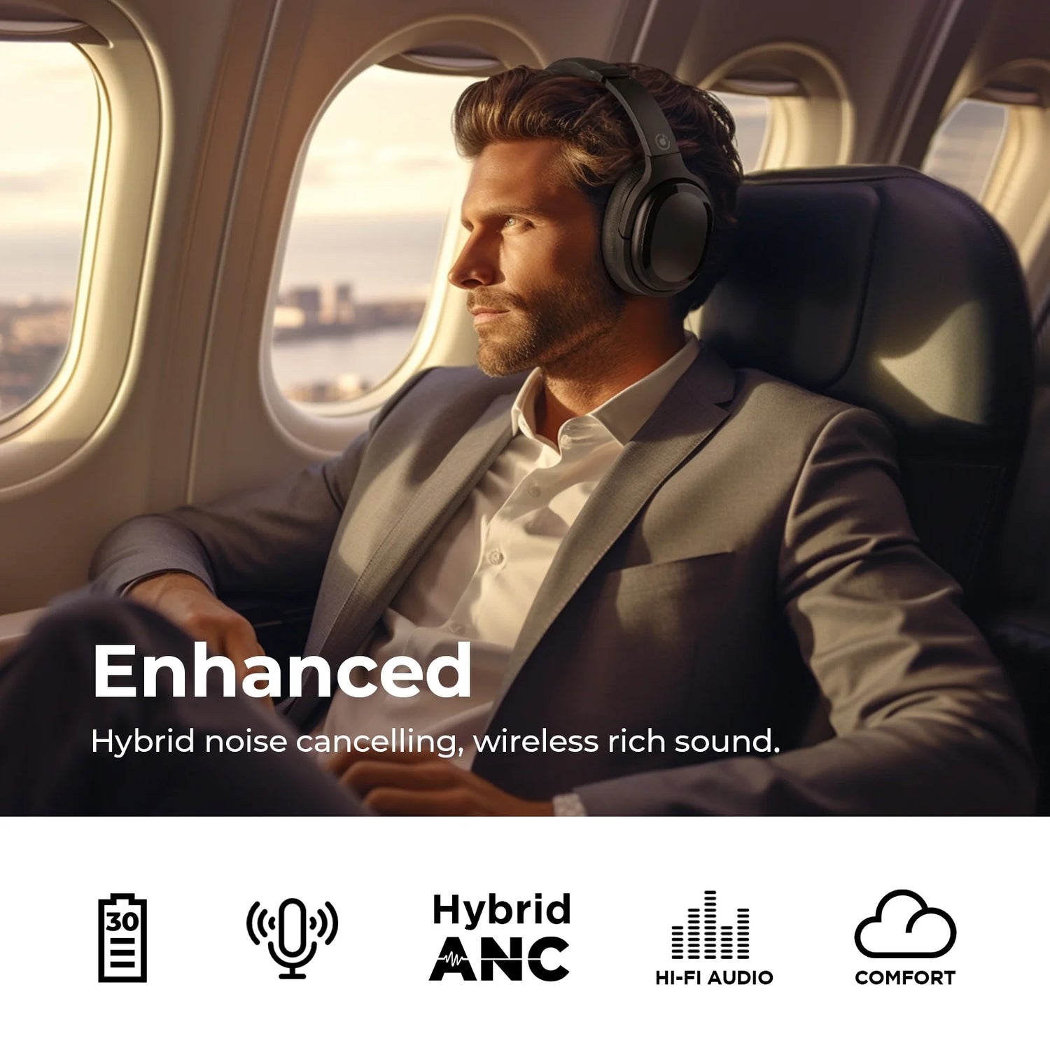 Wireless Headphones Active Noise Cancelling over Ear with Travel Case 30H Playtime