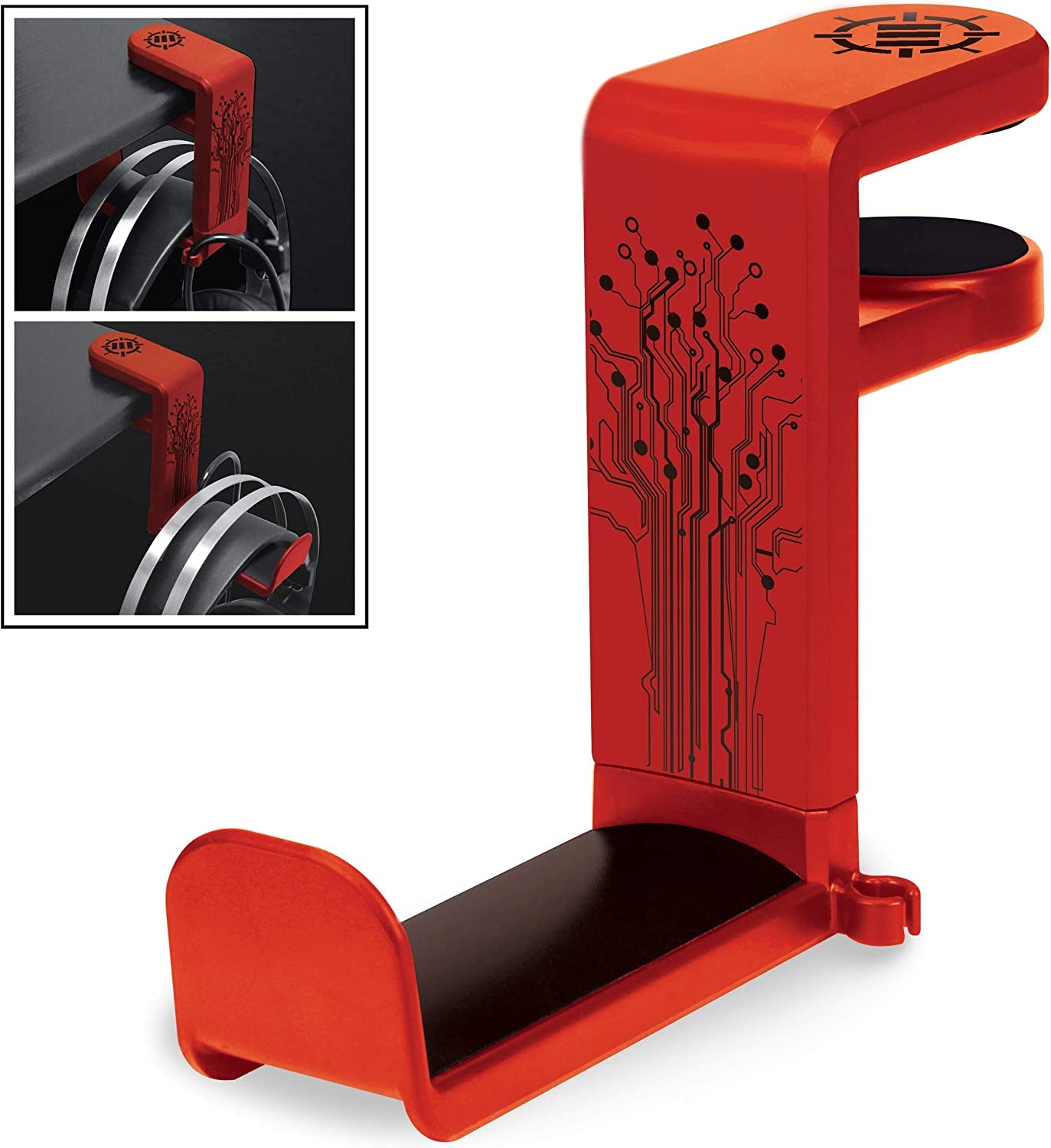 PC Gaming Headset Holder - Desk Headphone Hanger with Adjustable 360 Rotation, under Desk Headphone Hook Clamp, Universal Fit - Built in Cable Clip Organizer - Red