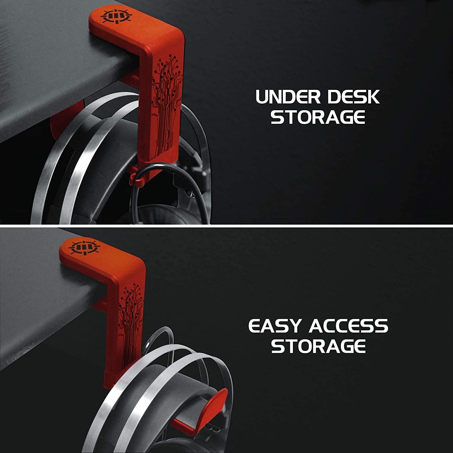PC Gaming Headset Holder - Desk Headphone Hanger with Adjustable 360 Rotation, under Desk Headphone Hook Clamp, Universal Fit - Built in Cable Clip Organizer - Red