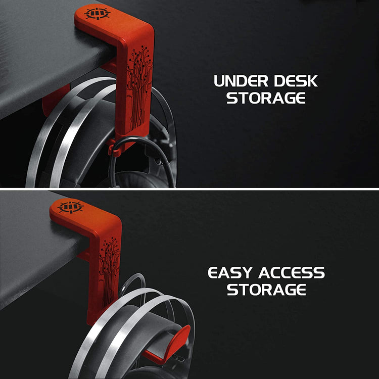 PC Gaming Headset Holder - Desk Headphone Hanger with Adjustable 360 Rotation, under Desk Headphone Hook Clamp, Universal Fit - Built in Cable Clip Organizer - Red