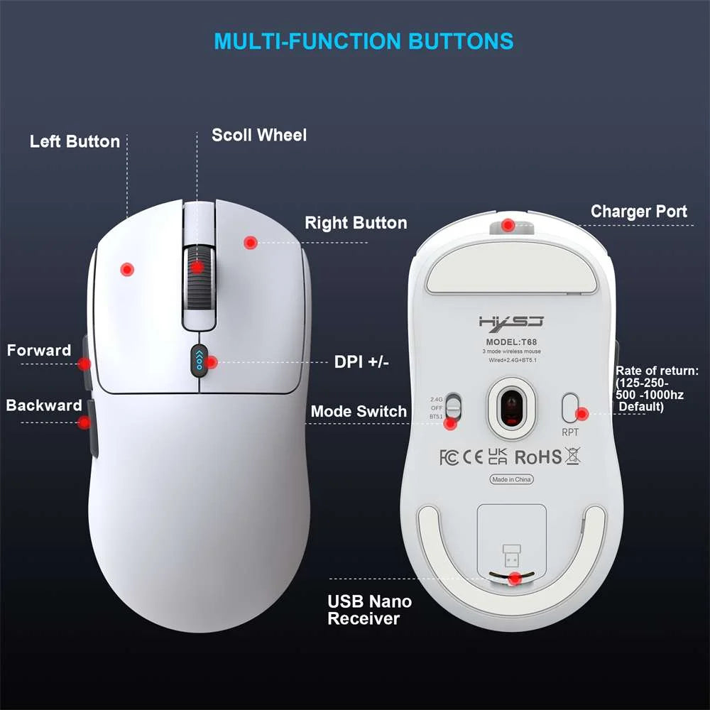 Wireless Gaming Mouse,Long Battery Standby,3 Mode Wired/2.4G/Bluetooth 5.1 Portable Rechargeable Gaming Mice for Pc/Mac/Computer/Laptop/Tablet,White