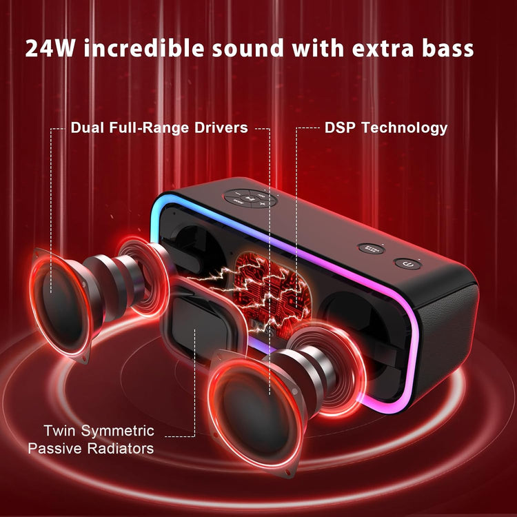 Soundbox Pro+ Bluetooth Speaker, Immersive 24W Stereo Sound with Booming Bass, IPX6 Waterproof, 15H Playtime, Mixed Colors Lights, Christmas and White Elephant Gift for Adults, Men, Women-Black