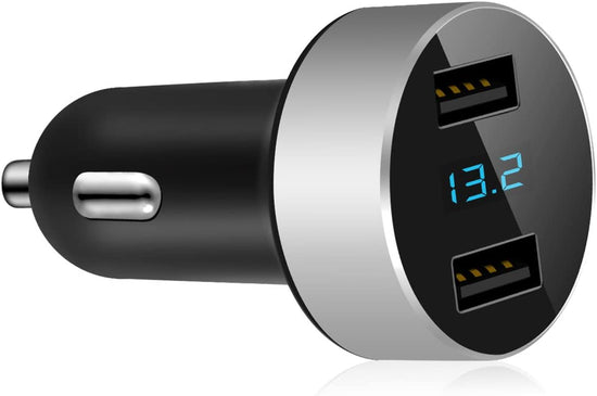 2 USB Car Charger,12V/24V Voltage Meter, Output 4.8A, Cigarette Lighter Plug Adapter Compatible with Iphone,Ipad, Samsung, USB Charging Devices, Silver