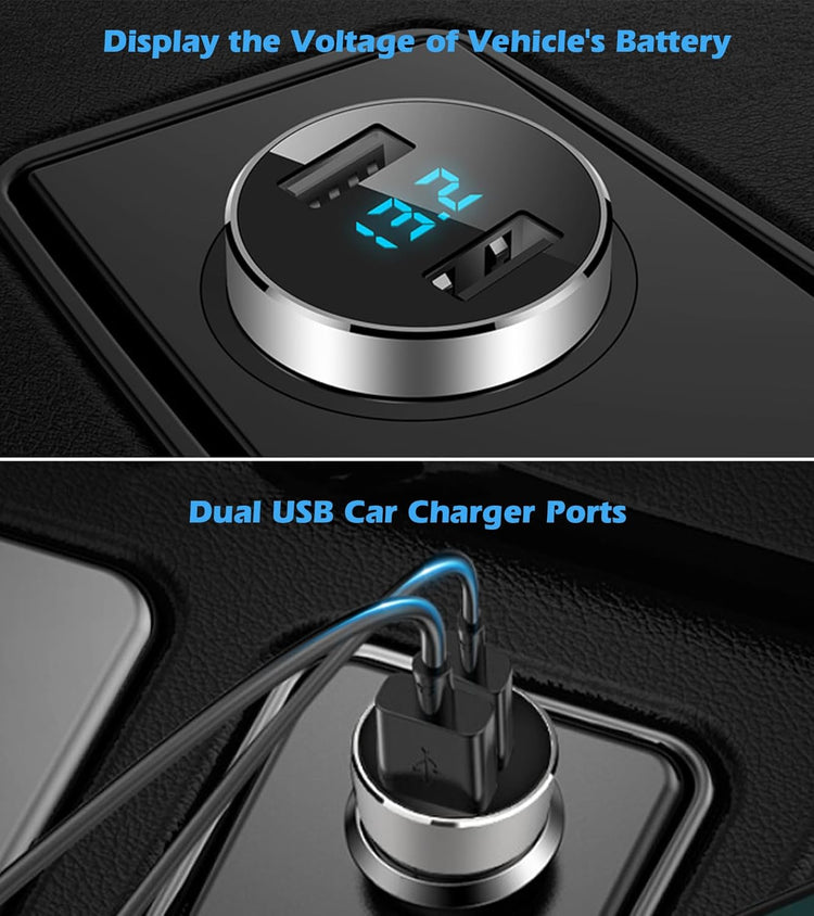 2 USB Car Charger,12V/24V Voltage Meter, Output 4.8A, Cigarette Lighter Plug Adapter Compatible with Iphone,Ipad, Samsung, USB Charging Devices, Silver