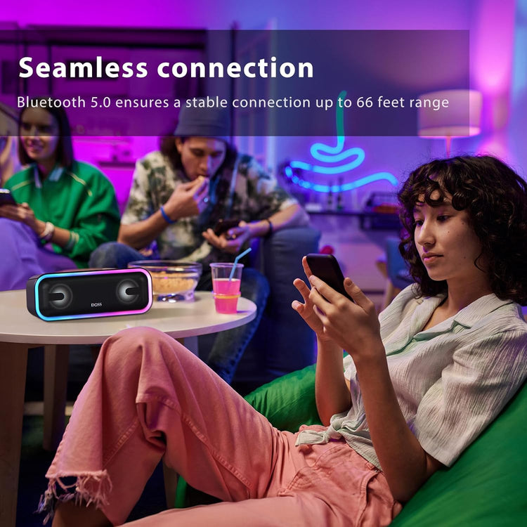 Soundbox Pro+ Bluetooth Speaker, Immersive 24W Stereo Sound with Booming Bass, IPX6 Waterproof, 15H Playtime, Mixed Colors Lights, Christmas and White Elephant Gift for Adults, Men, Women-Black