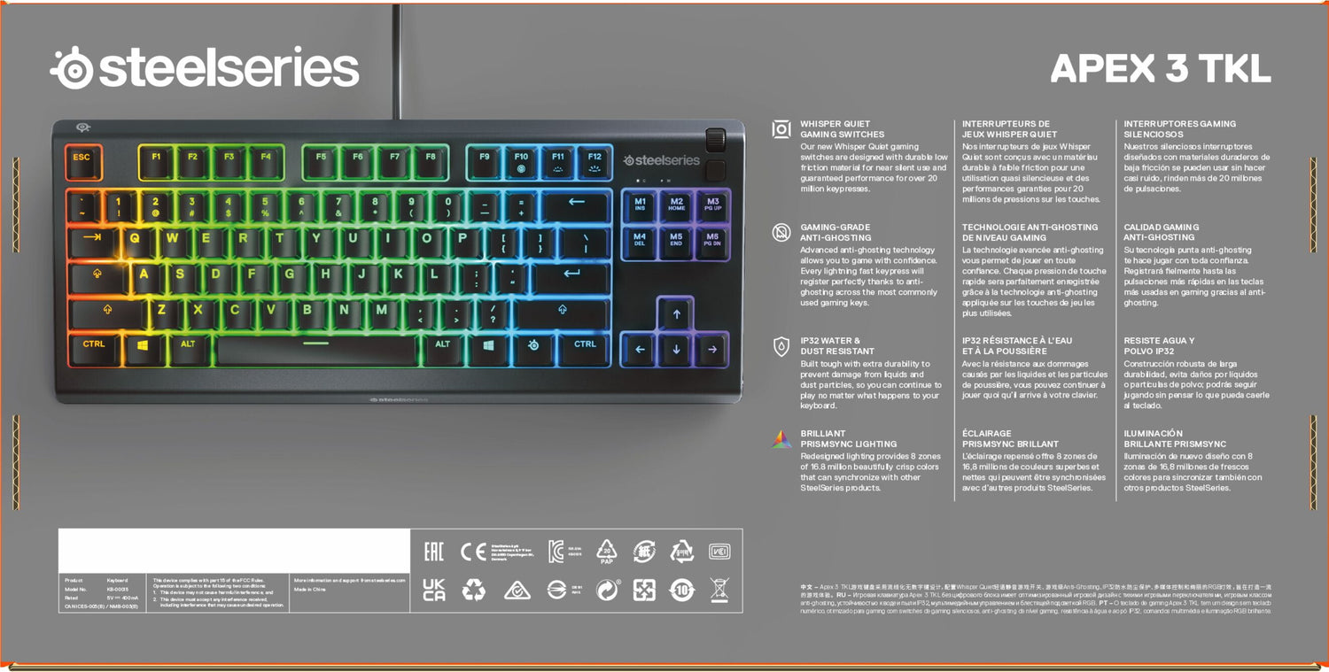 Apex 3 TKL RGB Gaming Keyboard - Tenkeyless - Water & Dust Resistant - PC and USB-A